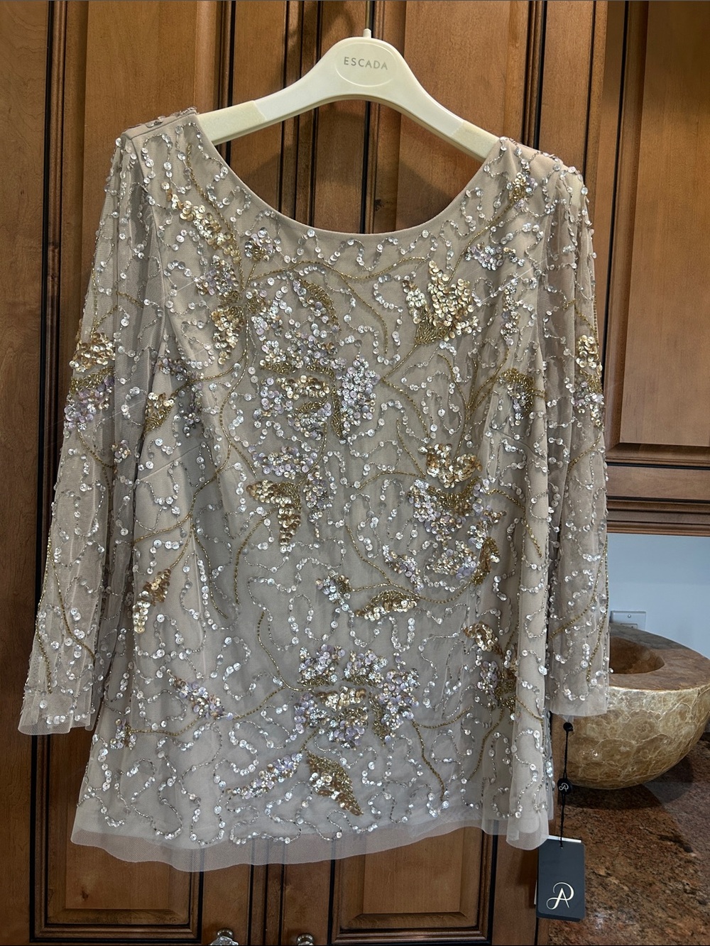 Adrianna Papell Beaded Champagne and Gold Mesh Blouse